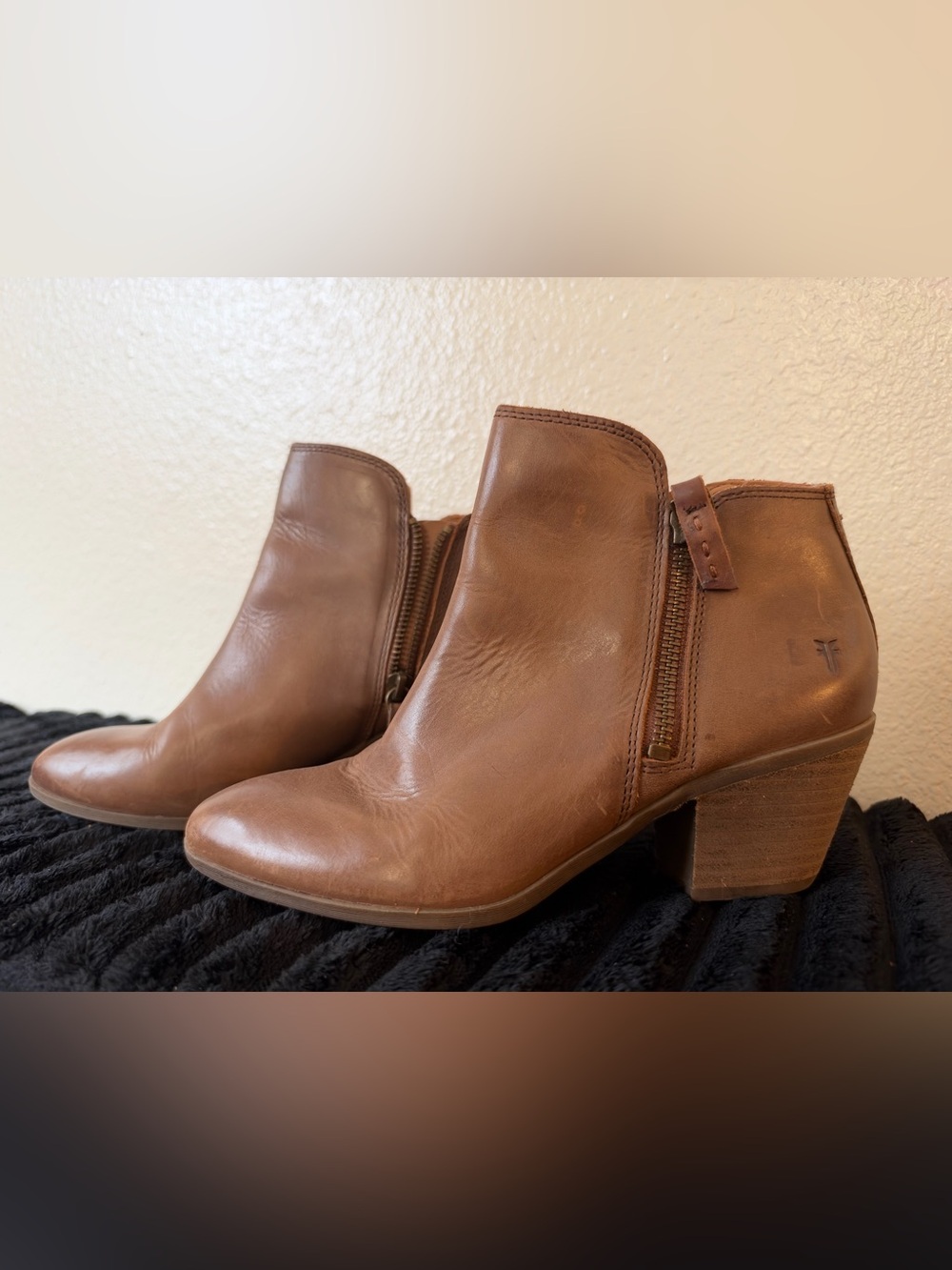 FRYE Brown Leather Ankle Booties with Block Heel